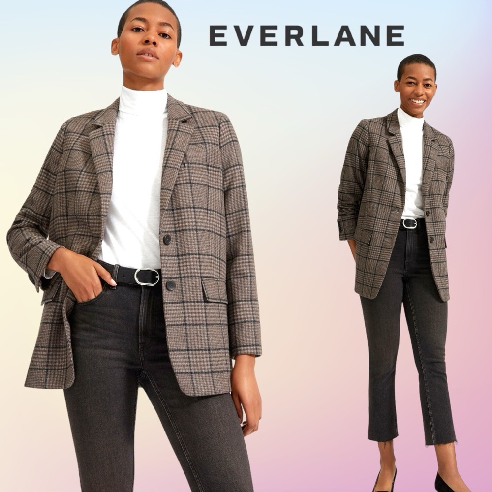EVERLANE Chocolate Brown Gray Houndstooth THE OVERSIZED Wool Blazer Sz 8